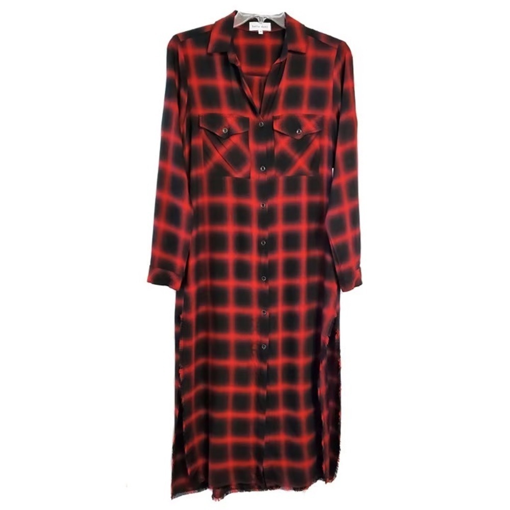 Bella Dahl Red and Black Plaid Long Sleeve Duster Dress with Pockets